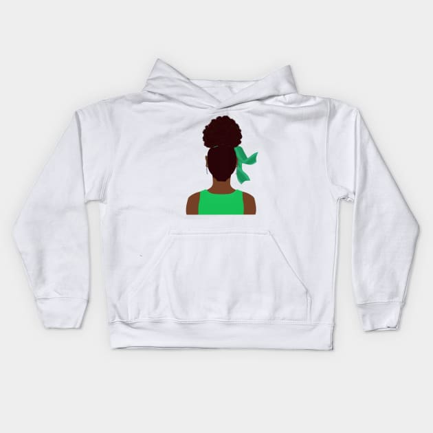 High Afro Puff Ponytail with Green Outfit (White Background) Kids Hoodie by Art By LM Designs 